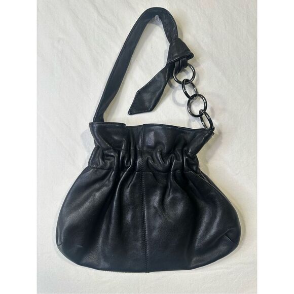 Furla black leather purse with tie and metal circular handle with dustbag - Picture 1 of 11
